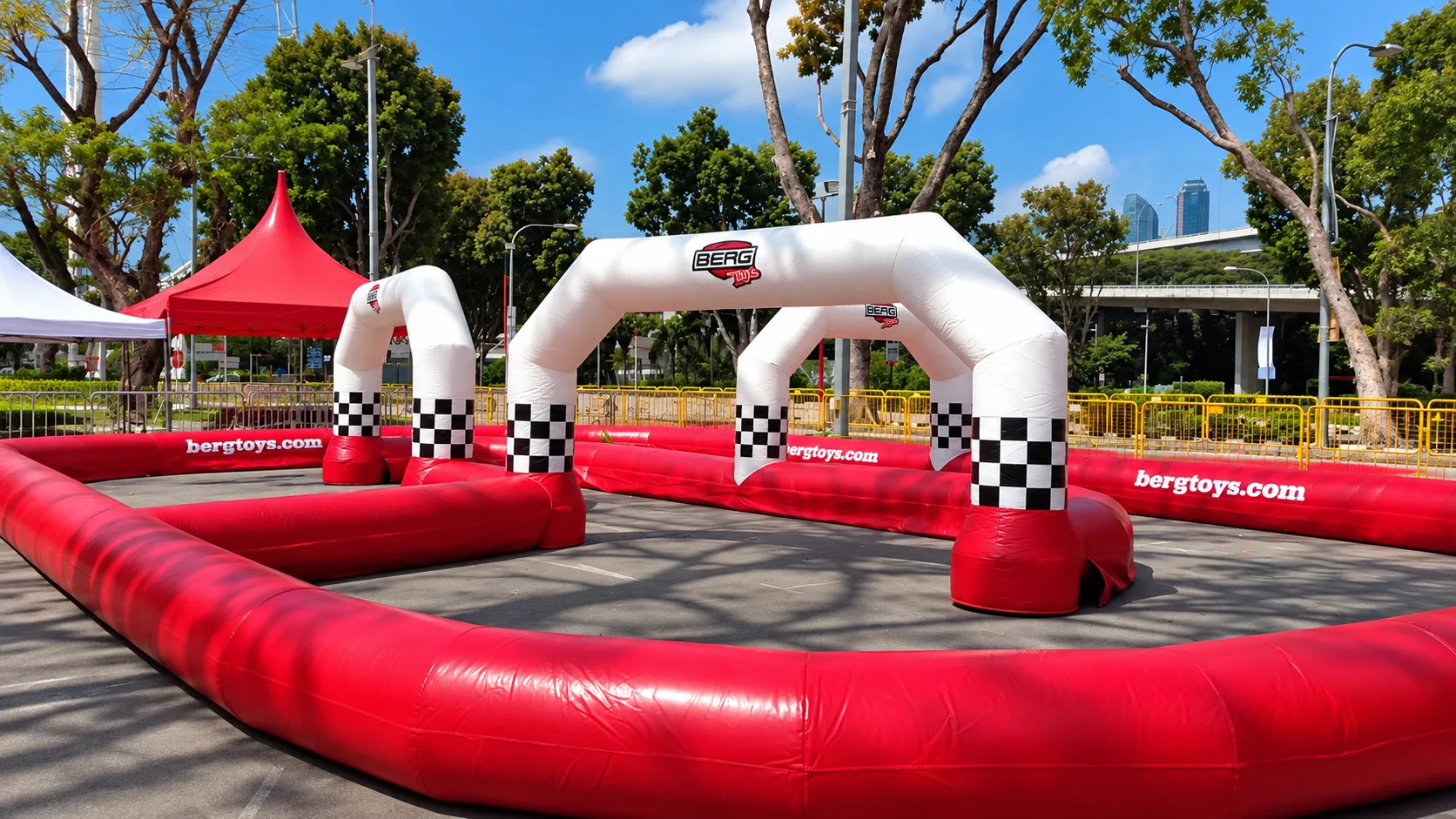 Inflatable mobile pedal go-kart track prepared for an organised event